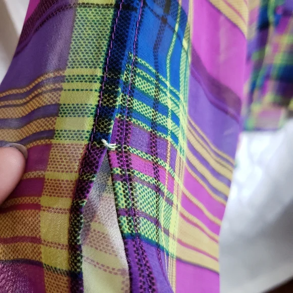 Sheer Vibrant Plaid Open Long Sleeve Cold-Shoulder Button Down - Picture 7 of 8